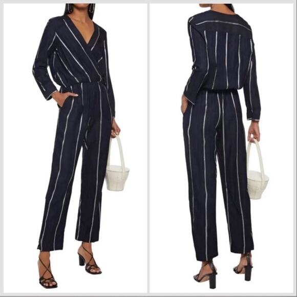 Maje Pants - MAJE PANTI Jumpsuit Navy w Silver Metallic Pinstripes Long Sleeve Size 4